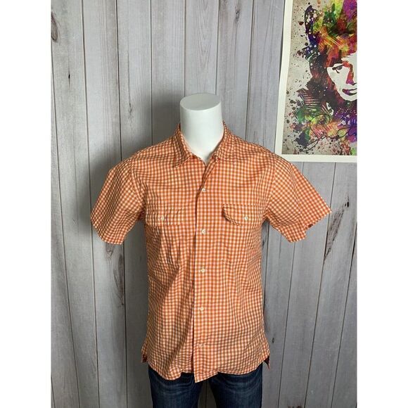 Woolrich Orange Gingham Check Button Down Short Sleeve Dress Shirt Men's Large - Picture 1 of 13